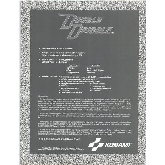 Double Dribble 1986 Konami Arcade Game Promo Flyer Basketball USA - Picture 2 of 2